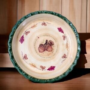 Russ Berrie Stoneware Pie Pan, Hand-painted Acorns & Oak Leaves #1698